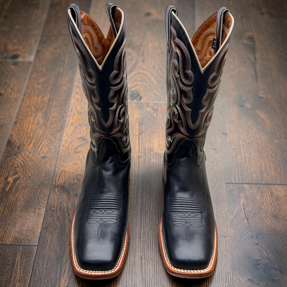 Nocona Mens Black Leather Square Toe Western Cowboy Boots Sz 9.5 Wide Square Toe